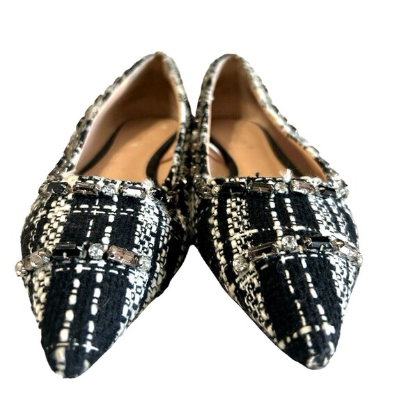 Zara Tweed Beaded Jeweled Fabric Black White Pointed Toe Flat  Shoes EU38 - Picture 6 of 12